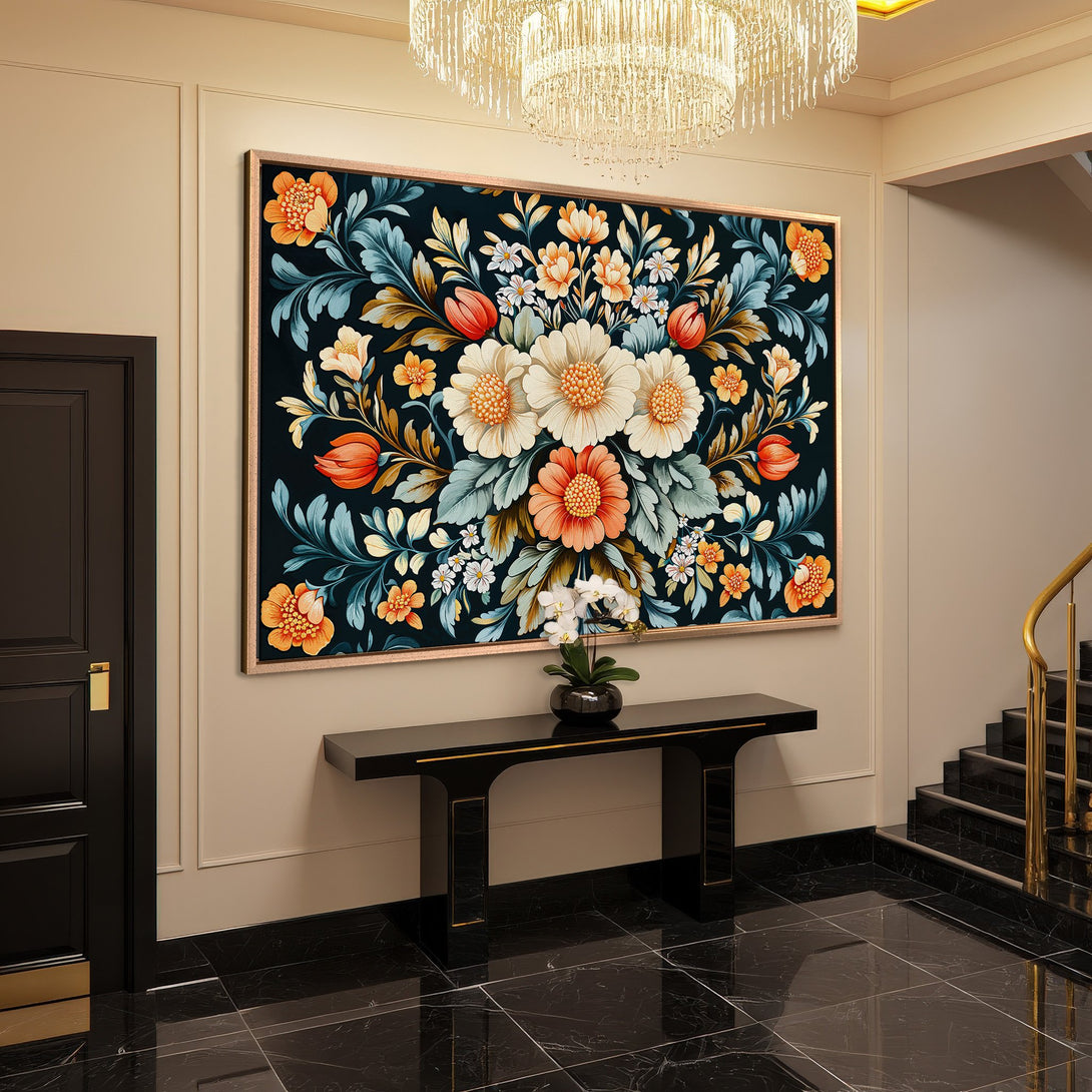 Framed Wall Art featuring a floral design with a dark background, orange, teal, and cream color palette. Perfect for elegant home decor.