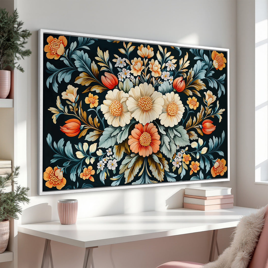 Framed Wall Art: Floral Canvas Print in a dark, moody style. Features a vibrant orange, cream, and teal color palette, adding a touch of elegance to any space.