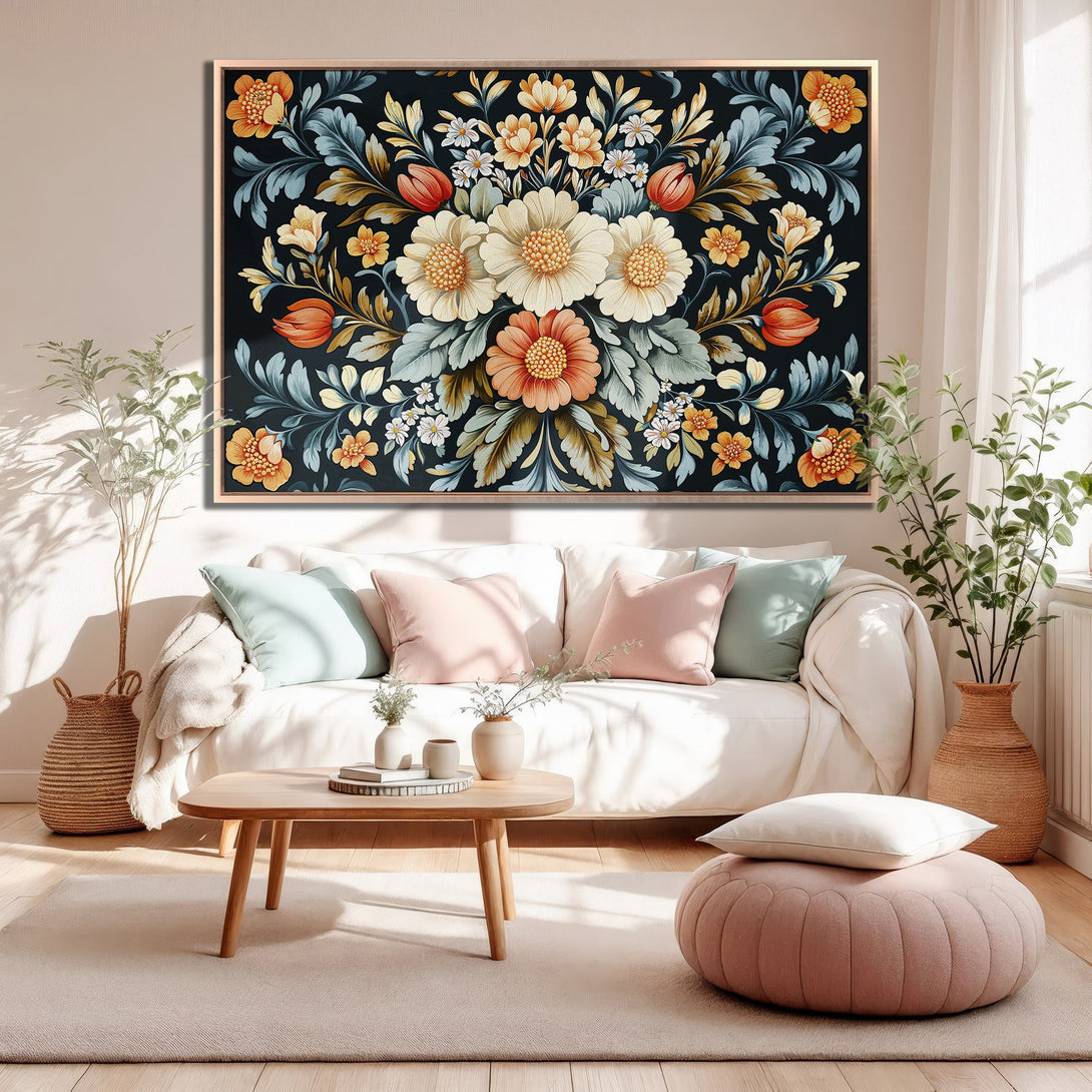 Framed Wall Art: Floral Canvas Print in a living room. Features a dark background with orange, yellow, and blue flowers. Perfect for home decor and adding a pop of color.