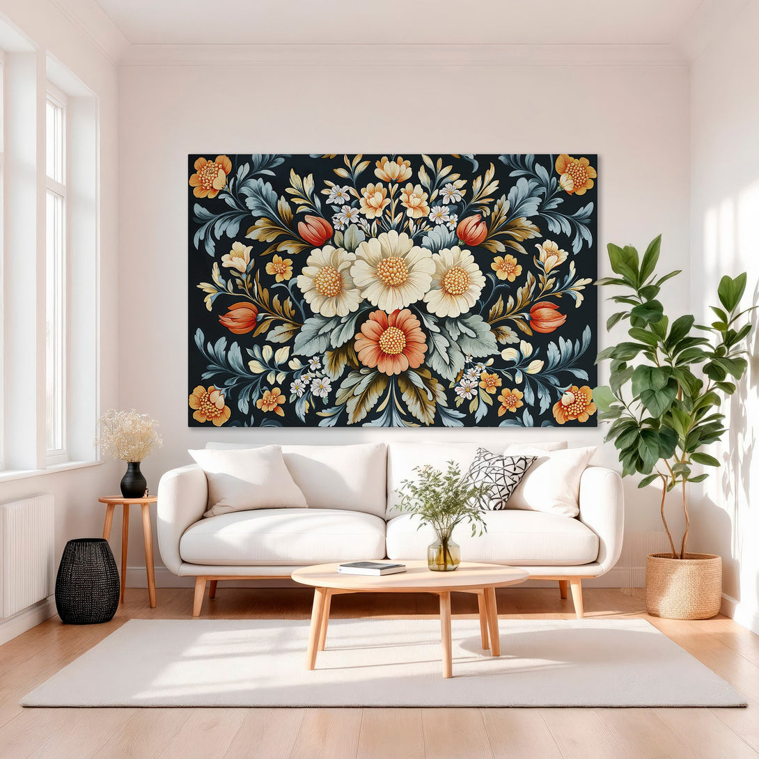 Framed Wall Art featuring a floral design in a classic style with a dark background and orange, teal, and cream color palette. Perfect for elegant interiors.