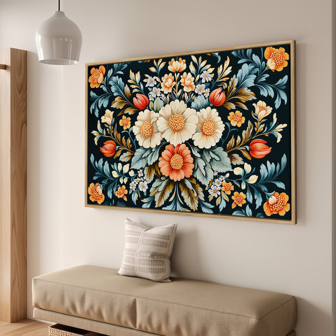 Framed Wall Art: Floral Canvas Print in rich jewel tones. Perfect for adding a touch of elegance and color to any space. Shop now!