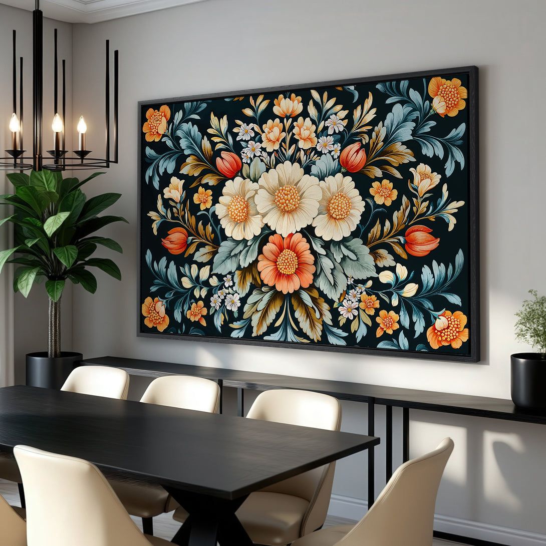 Framed Wall Art: Floral canvas print in a dining room. Features a dark background with orange, cream, and teal flowers. Elevate your space!