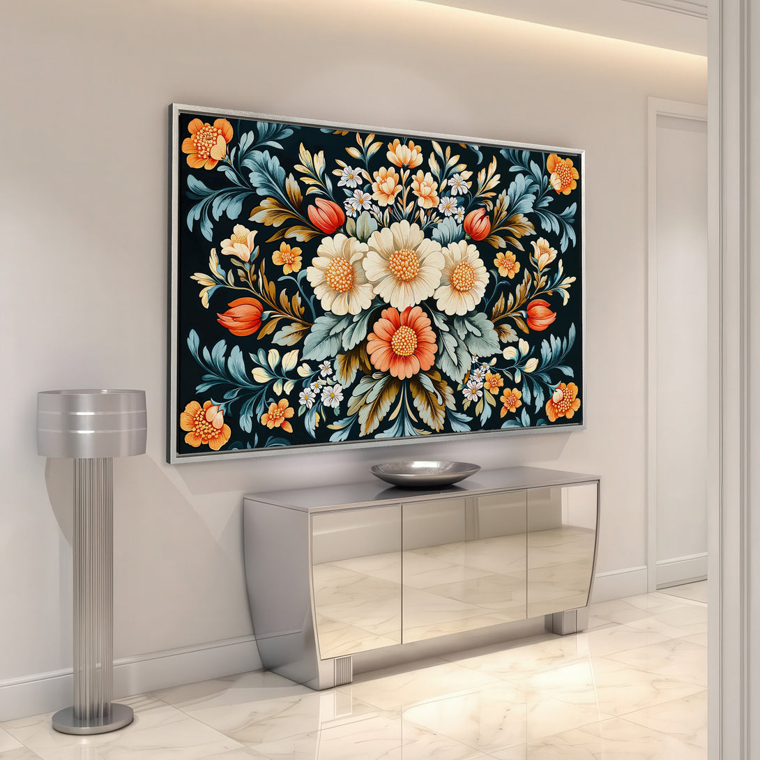 Framed Wall Art featuring a vibrant floral design in a dark, elegant color palette. Perfect for adding a touch of sophistication to your home decor.