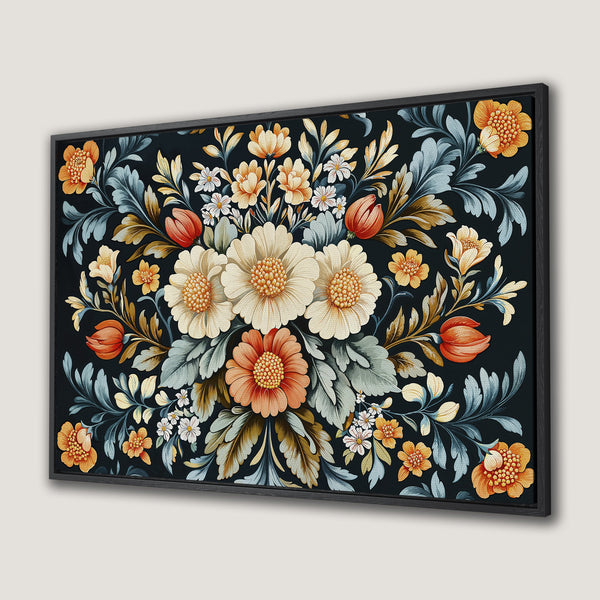Framed Wall Art featuring a floral design in a vintage style. The color palette includes dark teal, cream, orange, and gold. Perfect for adding elegance.