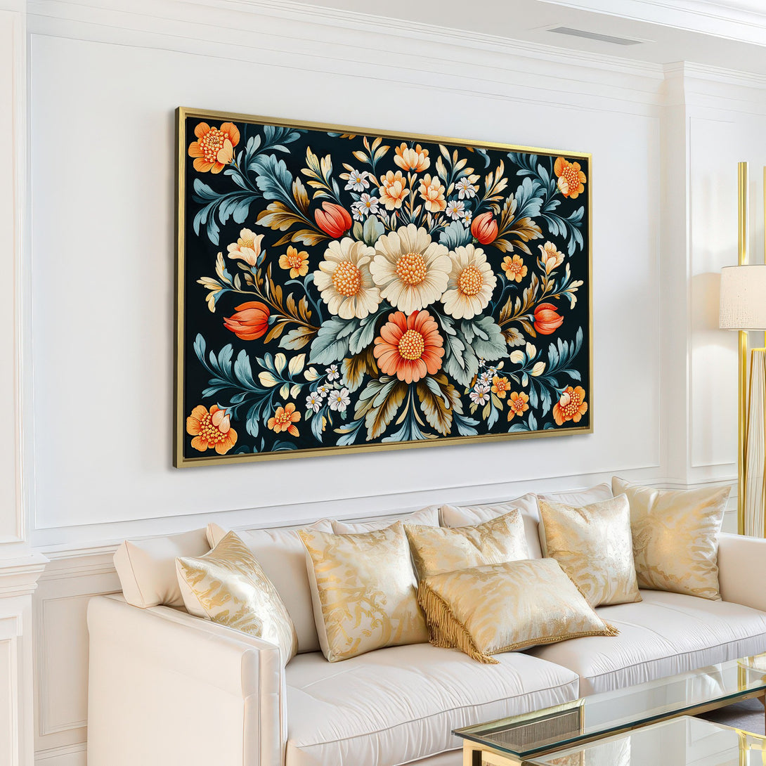 Canvas Print: Floral wall art in a dark, elegant style. Features a rich color palette of orange, cream, and blue, perfect for living room decor.