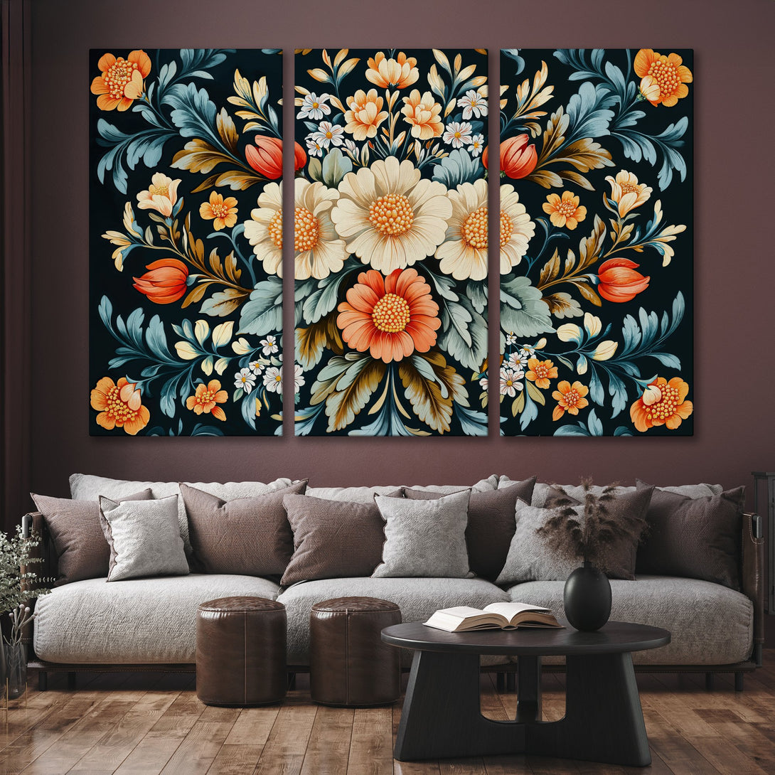 Canvas Print featuring a floral design with a dark background and orange, cream, and blue color palette. Perfect for living room decor.