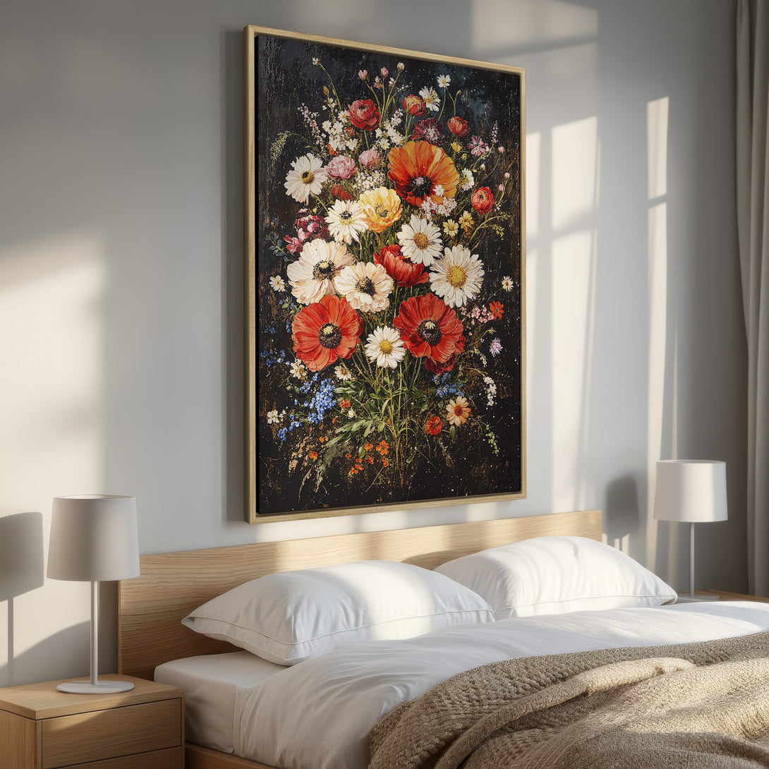 Framed Wall Art: Stunning floral Canvas Print in a bedroom. Features vibrant red, white, and yellow flowers on a dark background. Adds elegance and color to any space.