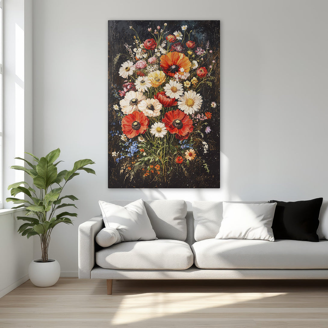 Framed Wall Art: Stunning floral painting with red poppies & daisies, a classic style. Adds elegance to any room. Rich color palette on a dark background.