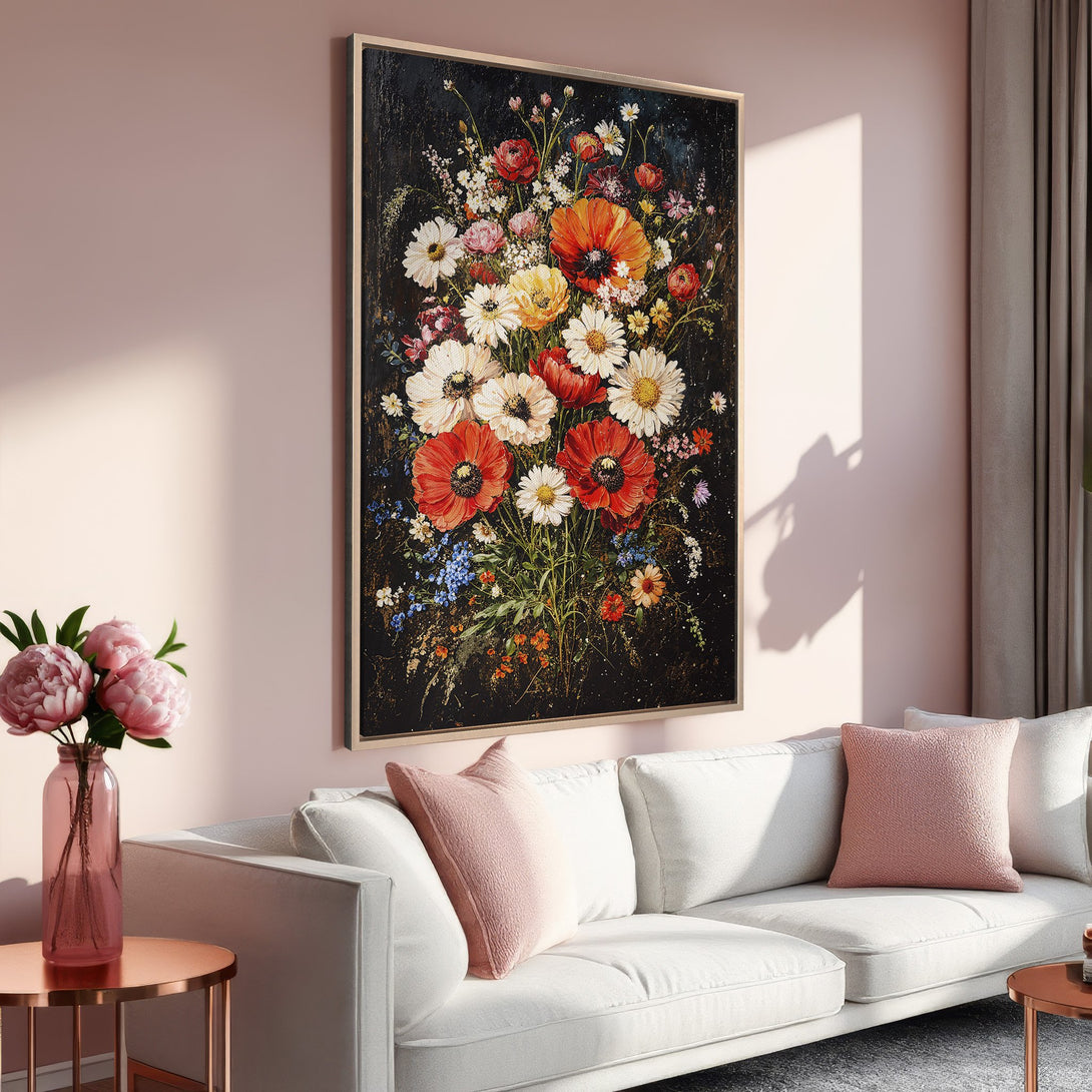 Framed Wall Art: Stunning floral Canvas Print with vibrant red, white, and yellow flowers. Perfect for adding a touch of elegance to any living room.