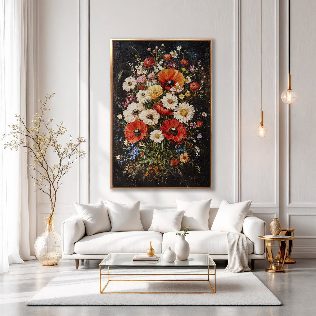 Framed Wall Art: Vibrant floral painting with red, white, and yellow blooms. Modern interior with a gold frame and dark background. Enhance your space!