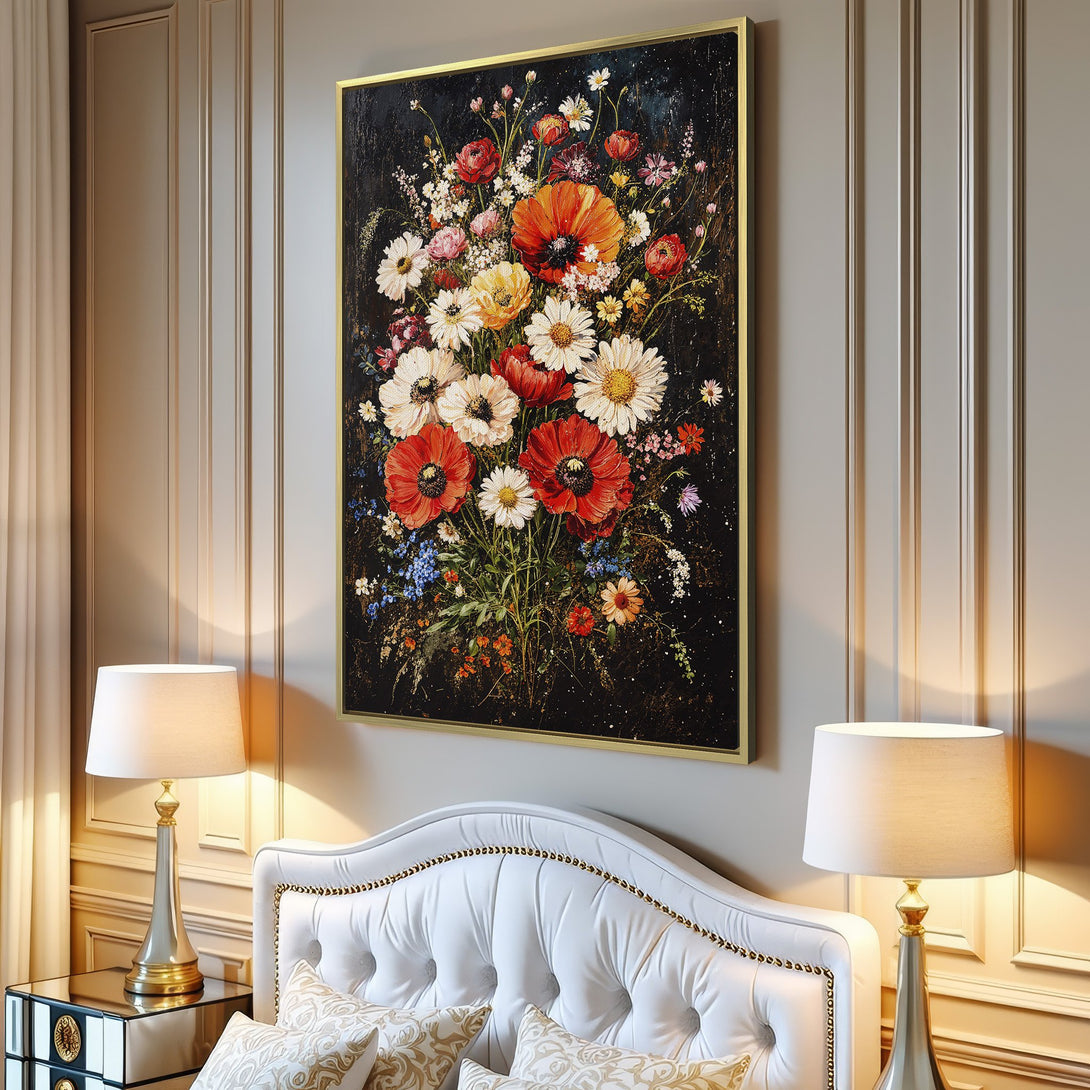 Canvas Print of a vibrant floral bouquet painting in a dark, moody style with red, white, and yellow blooms. Perfect wall art!