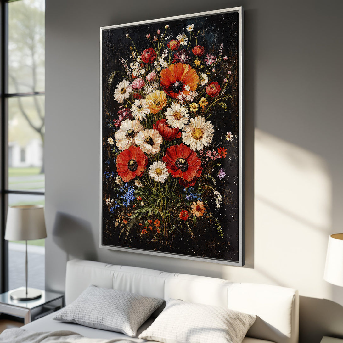 Framed Wall Art: Vibrant floral bouquet canvas print with red, white, and yellow flowers on a dark background. Adds a touch of elegance.