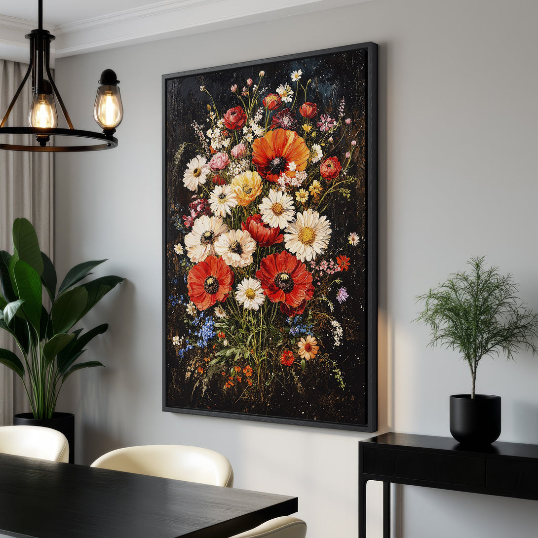 Framed Wall Art: Stunning floral canvas print with vibrant red, yellow, and white blooms against a dark background. Perfect for adding a touch of elegance to any space.