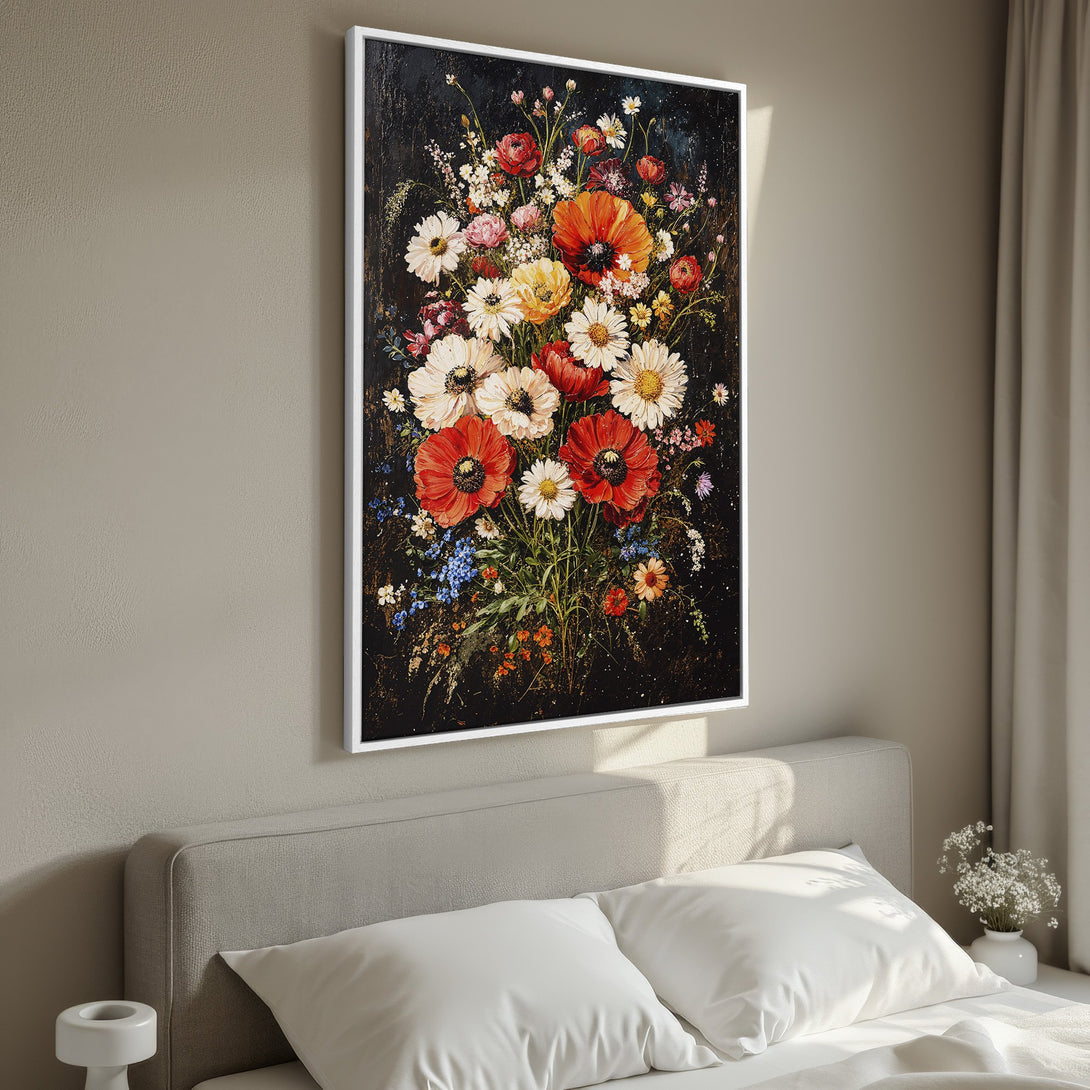 Framed Wall Art: Vibrant floral bouquet canvas print in a bedroom. Features a dark background with red, yellow, and white flowers. Adds a pop of color!