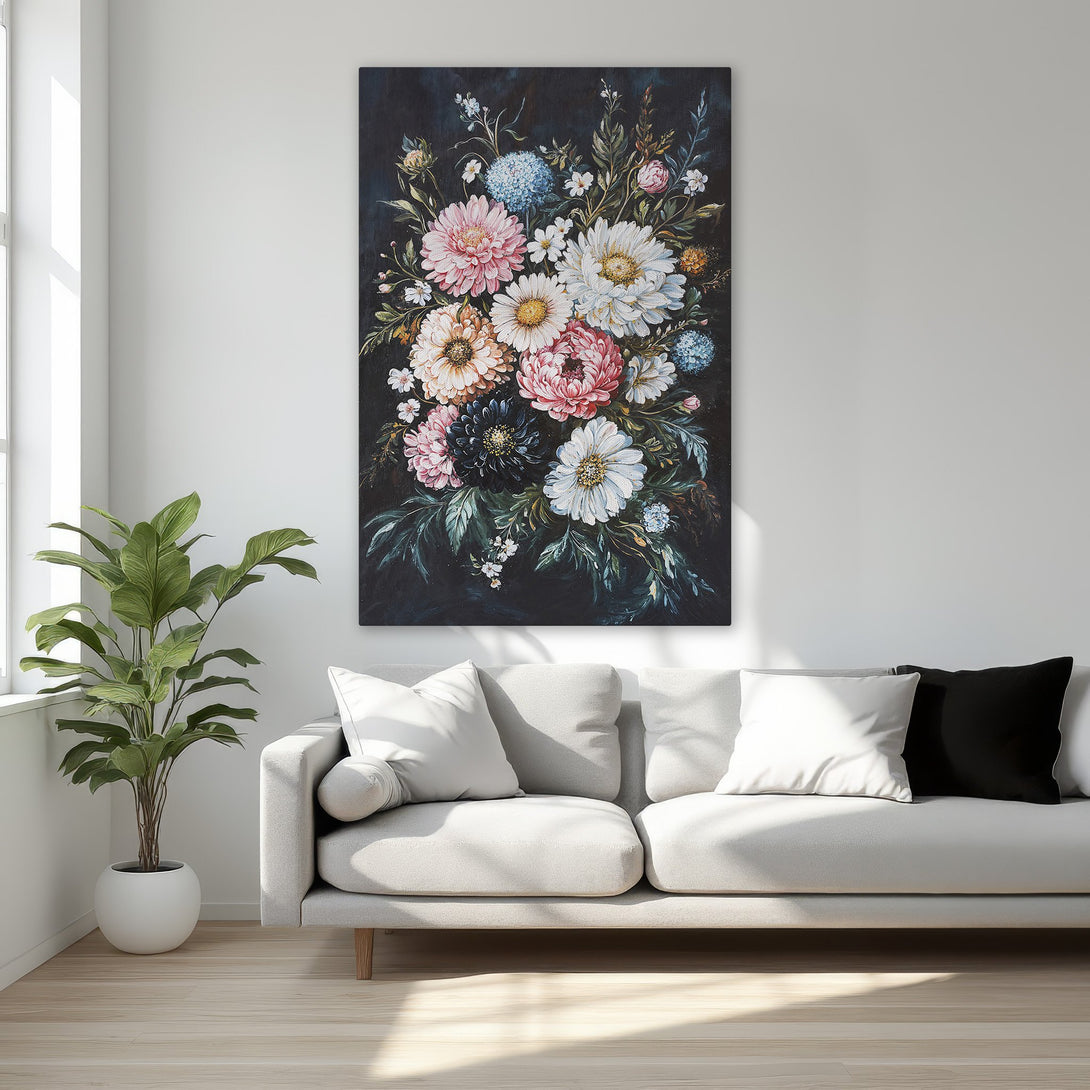Framed Wall Art: Elegant floral Canvas Print with a dark background, featuring pink, white, and blue flowers. Perfect for adding a touch of sophistication.