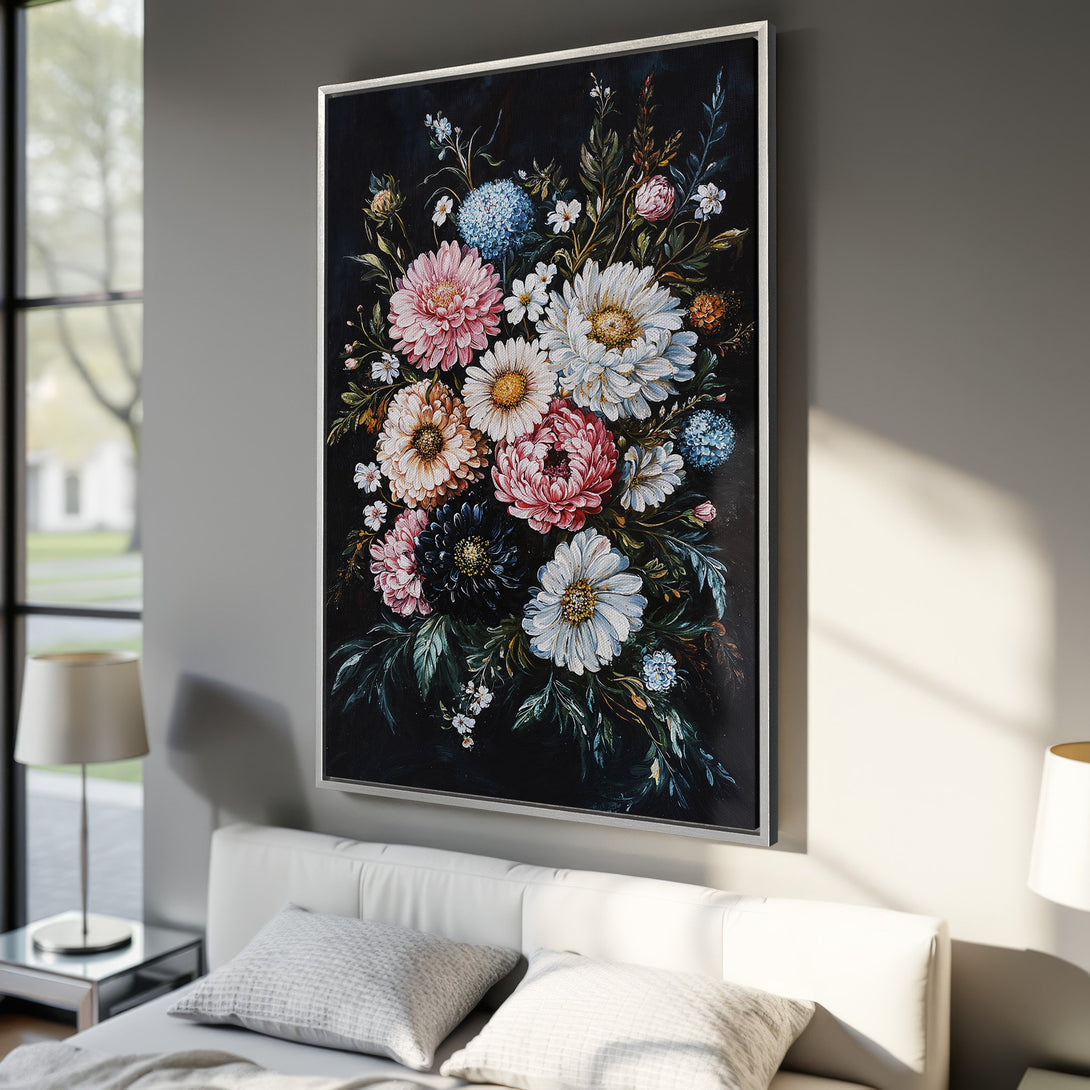 Framed Wall Art: Elegant floral Canvas Print with a dark background, featuring pink, white, and blue flowers. Perfect for bedroom decor!