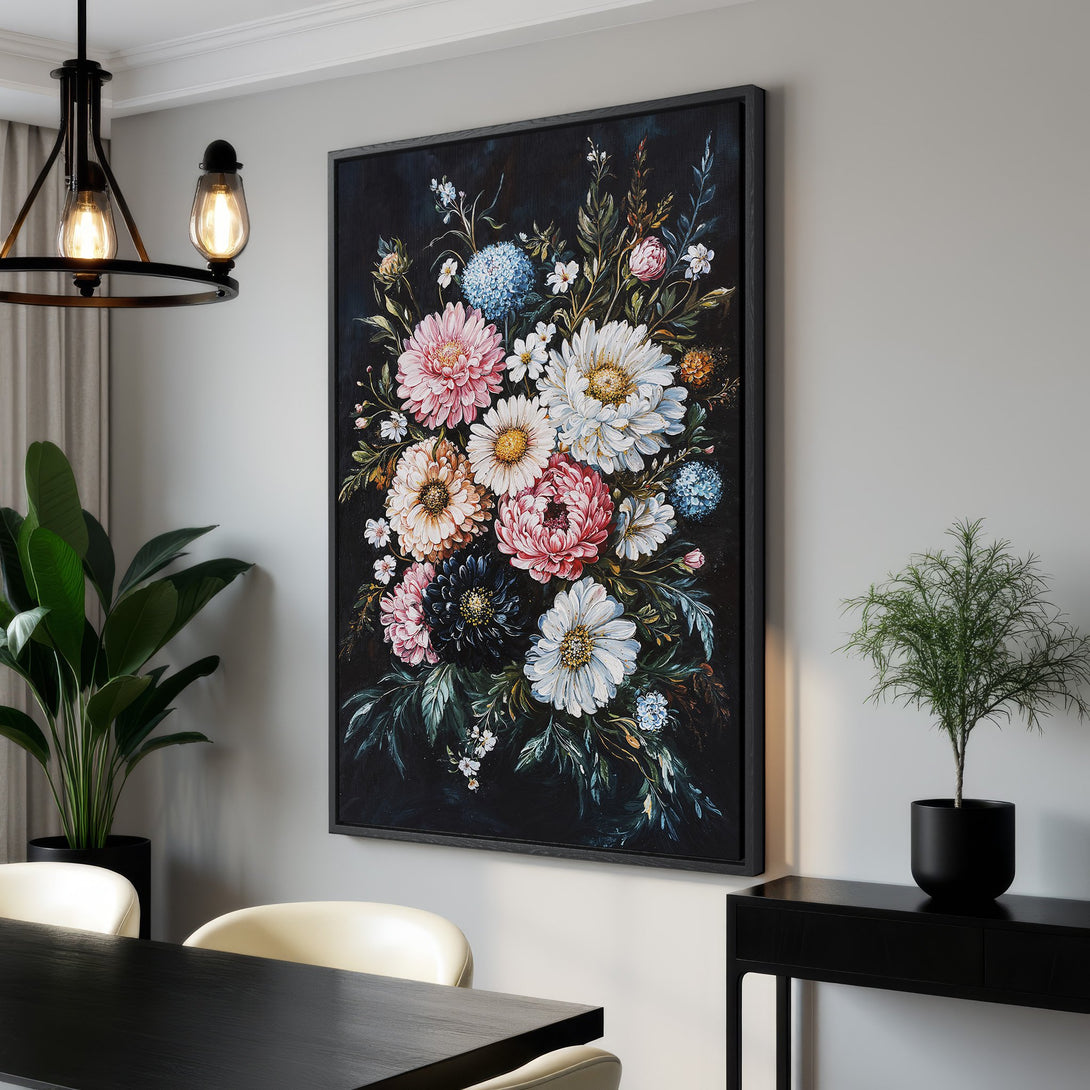 Framed Wall Art featuring a vibrant floral bouquet. Dark, moody style with pink, white, and blue blooms against a black background. Perfect for adding elegance to your space.