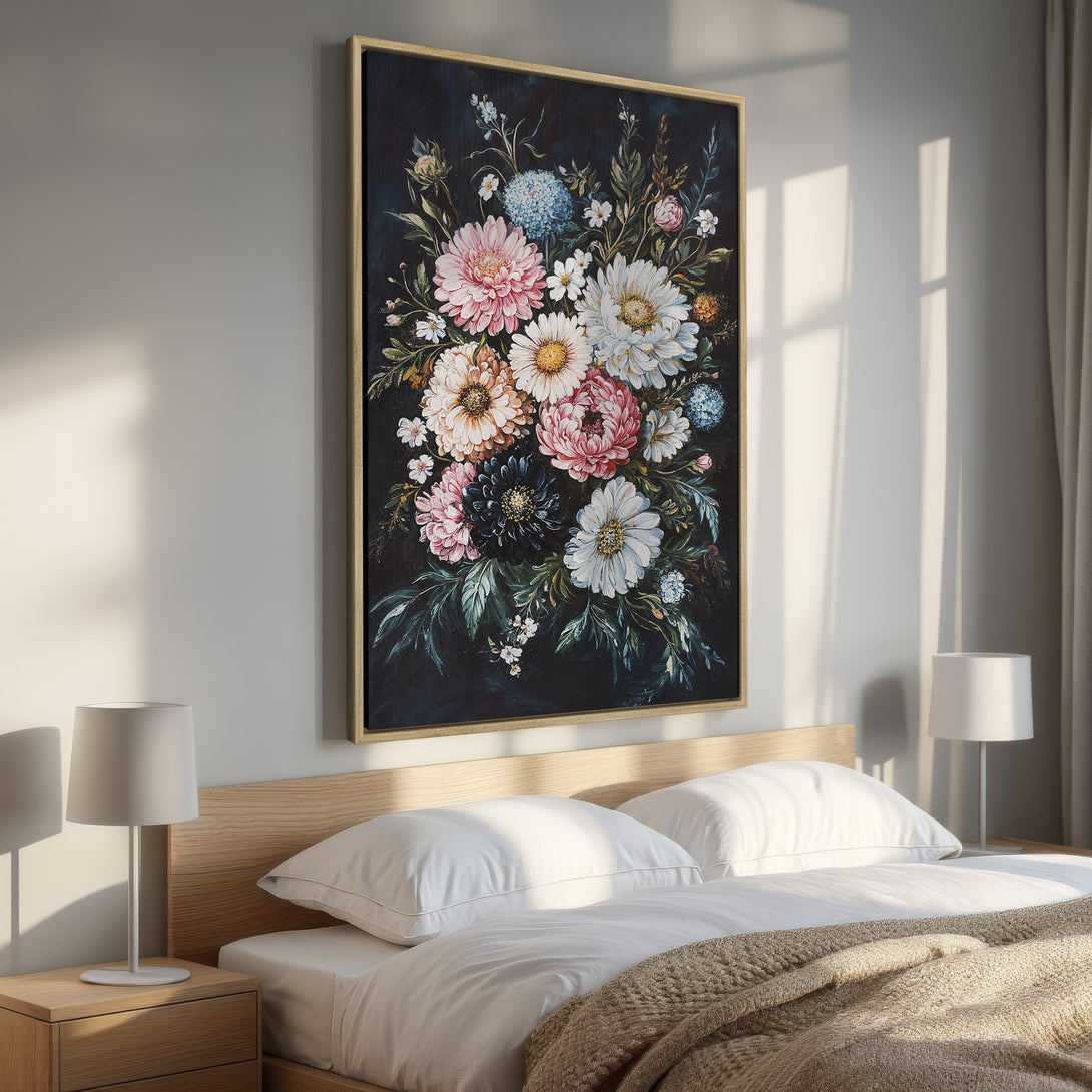 Framed Wall Art featuring a vibrant floral bouquet in a dark, painterly style. Pink, white, and blue blooms pop against a dark background. Perfect bedroom decor!