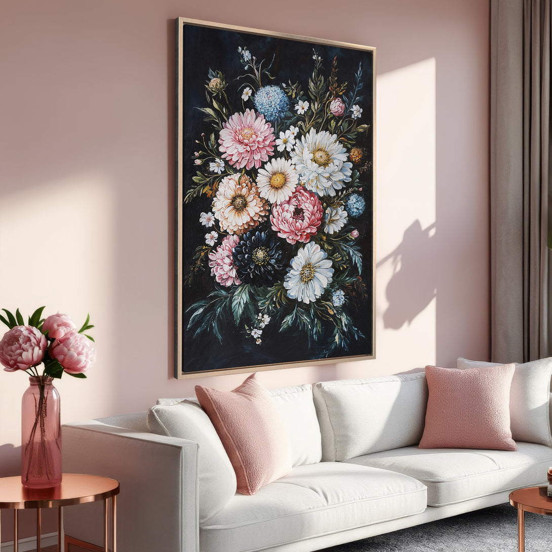 Framed Wall Art: Elegant floral painting in a dark, moody style with a blush and cream color palette. Perfect for adding a touch of sophistication to your space.