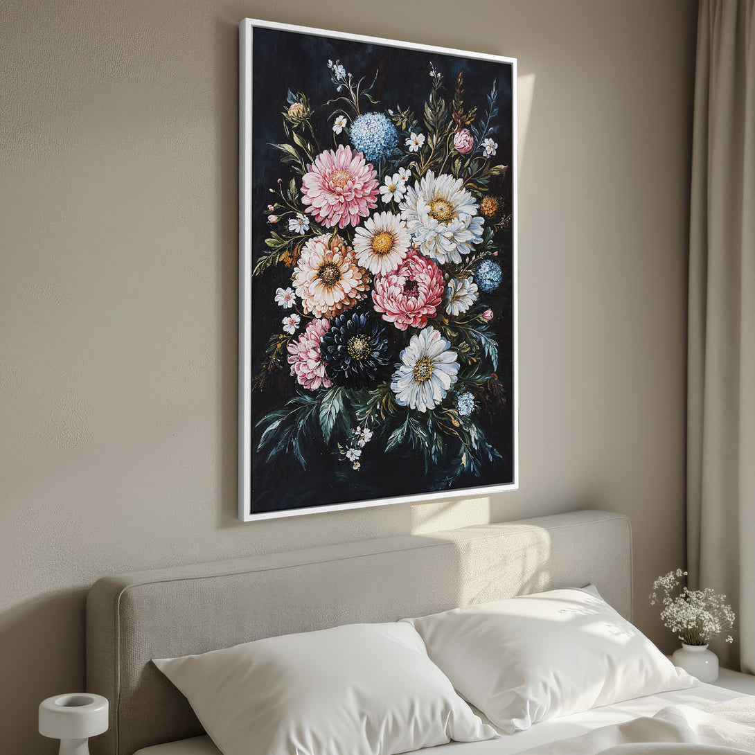Framed Wall Art: Floral painting with a dark background, featuring pink, white, and blue flowers. Adds elegance to any bedroom decor.