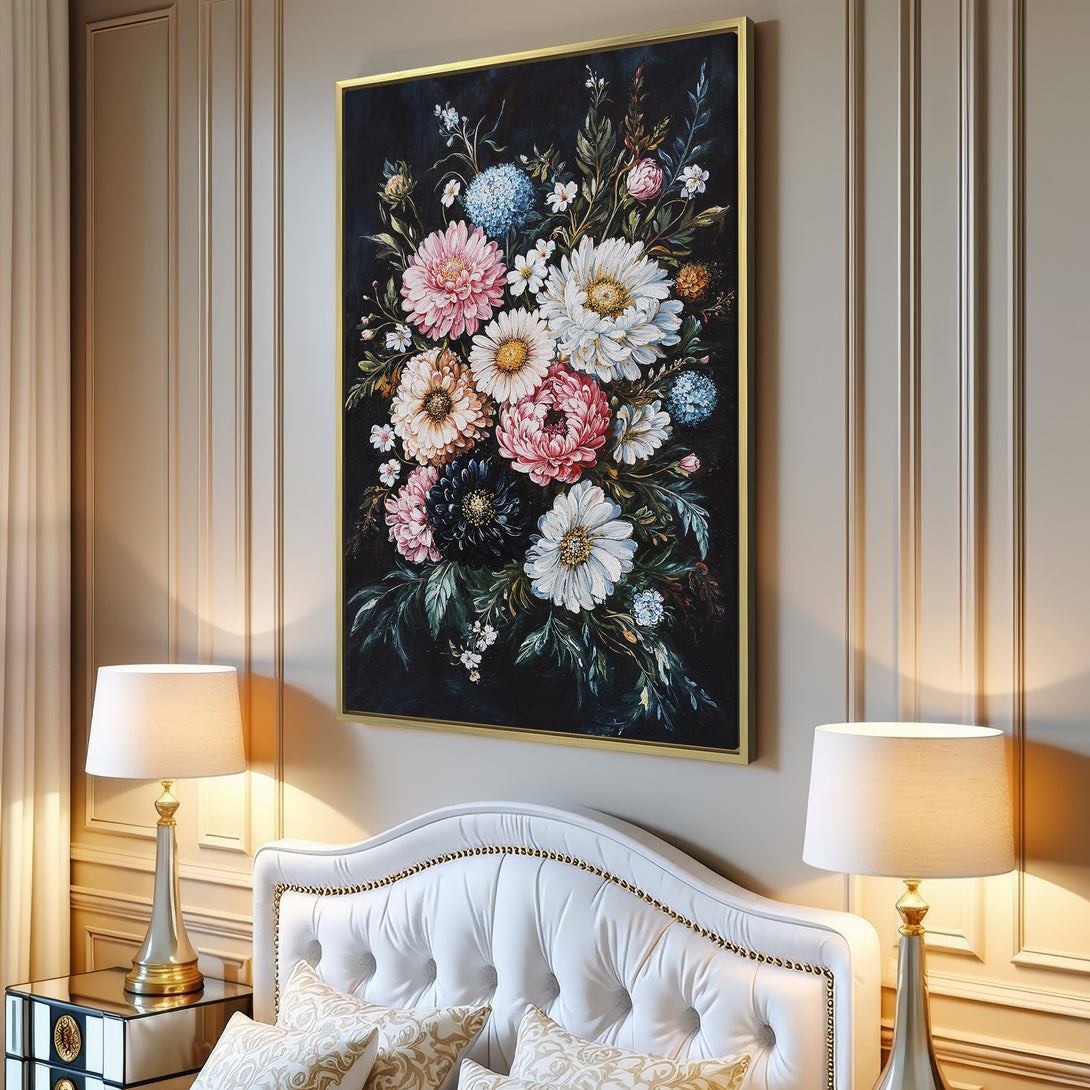 Canvas Print of a floral bouquet in a vintage style, featuring pink, white, and blue blooms against a dark background. Adds elegance to any interior.