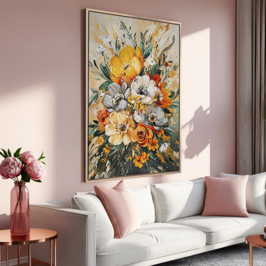 Framed Wall Art featuring a vibrant floral bouquet in warm yellow, orange, and white hues. Modern art style, perfect for adding a pop of color to your space.