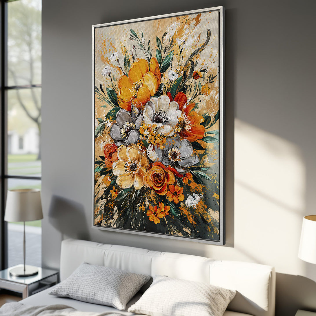 Framed Wall Art: Floral bouquet canvas print in warm orange, yellow, and gray tones. Modern abstract style, perfect for bedroom decor.