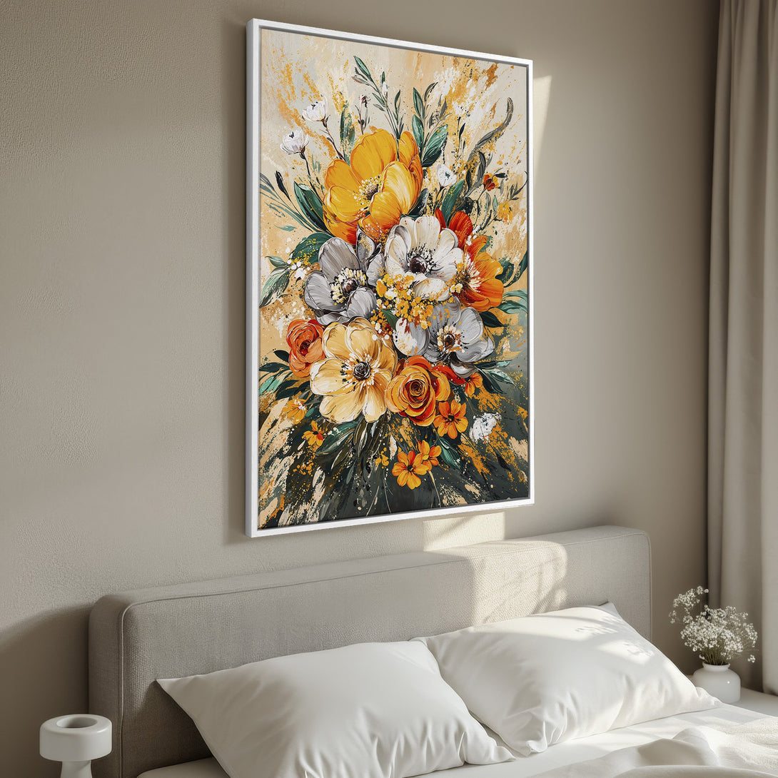 Framed Wall Art featuring a vibrant floral bouquet in a modern, abstract style. Warm yellow, orange, and green color palette adds a touch of elegance.