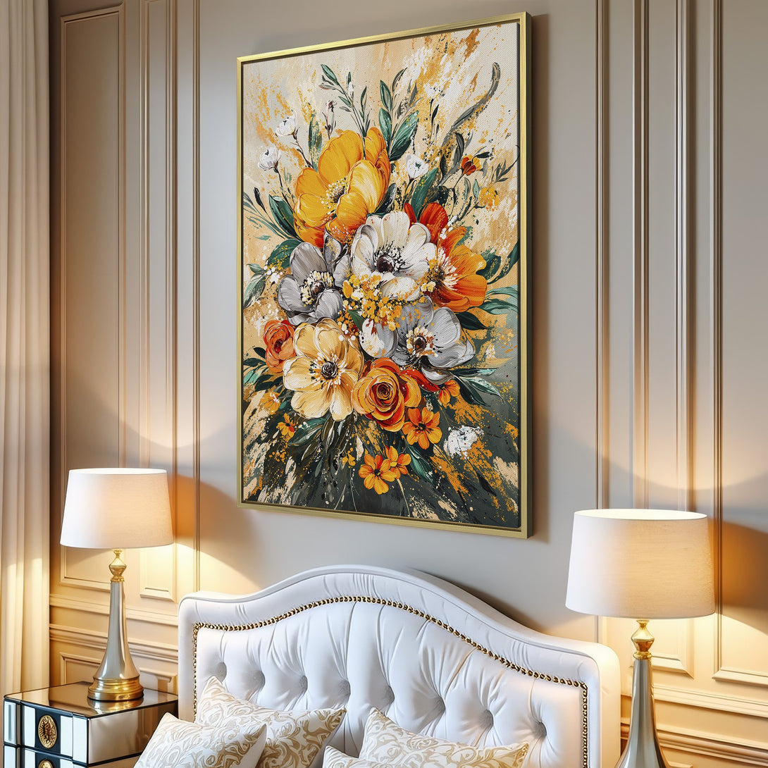 Canvas Print featuring a vibrant floral bouquet in warm yellow, orange, and white hues, perfect for adding a touch of art to your home.
