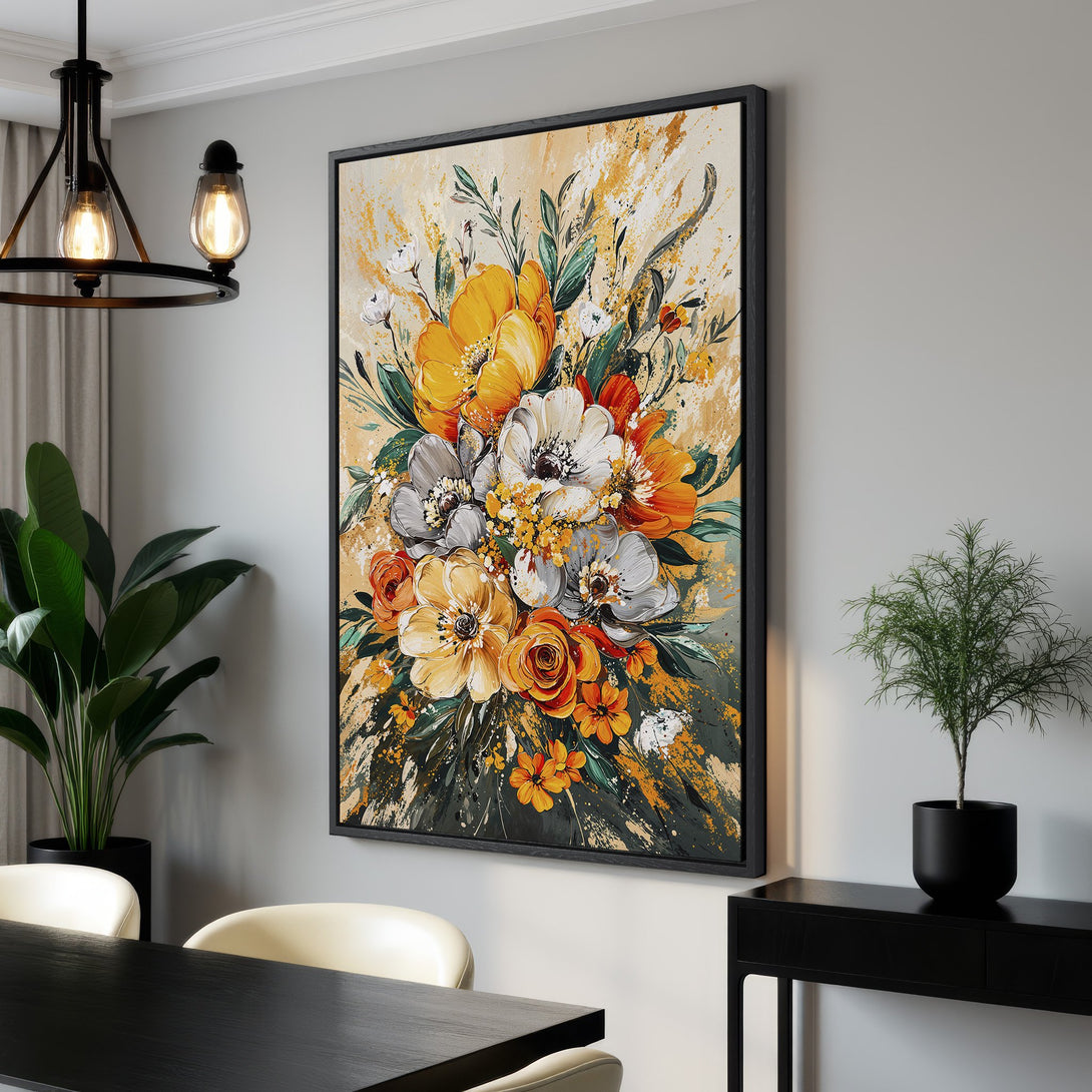 Framed Wall Art featuring a vibrant floral bouquet in a modern, abstract style. Warm yellow, orange, and green hues create a stunning focal point for any room.