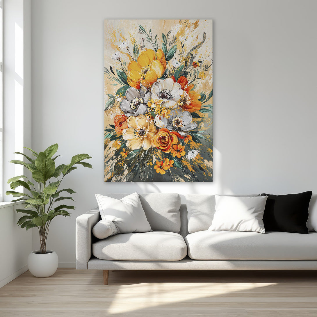 Framed Wall Art: Stunning floral canvas print with warm yellow, orange, and grey tones. Perfect for adding elegance and style to any room.