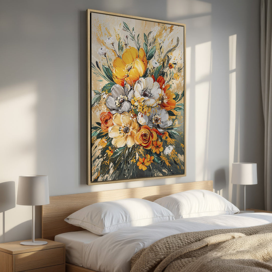 Framed Wall Art: Stunning floral canvas print in warm yellow, orange, and white hues. Perfect for adding a touch of elegance and color to your bedroom decor.