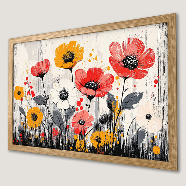 Framed Poster featuring vibrant floral art. Modern style with red, yellow & gray blooms on a textured background. Perfect wall decor!
