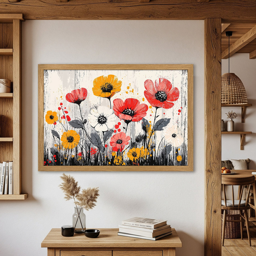 Framed Poster featuring vibrant floral art in red, yellow, and white. Modern style with a rustic color palette. Perfect wall decor!