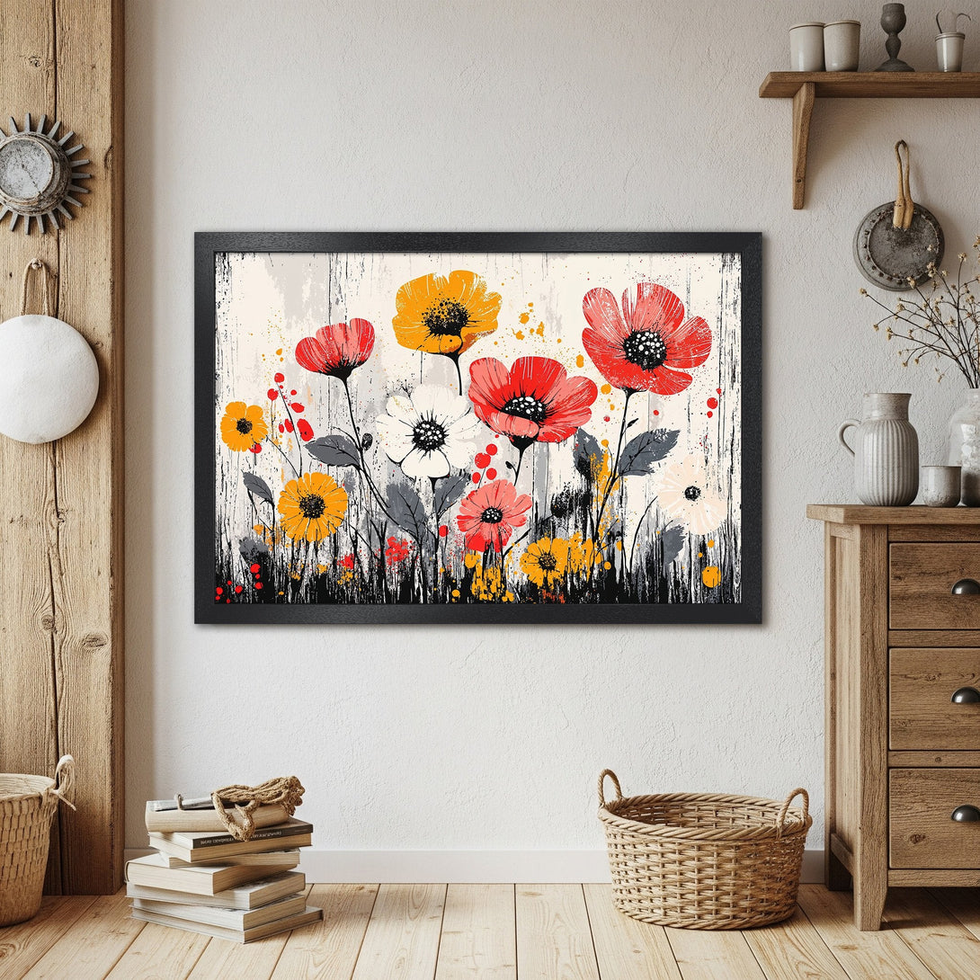 Framed Poster featuring vibrant floral art in red, yellow, and white on a neutral background. Modern style, perfect for home decor.