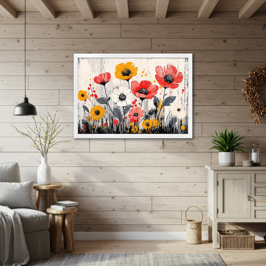 Framed Poster featuring vibrant floral art in red, yellow, and white against a neutral background. Perfect wall decor!