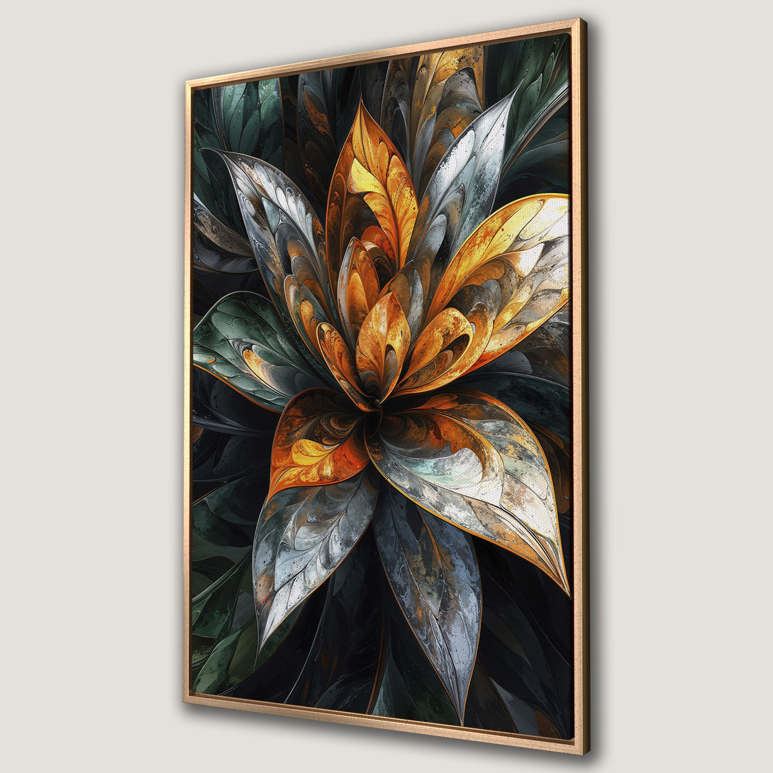Framed Wall Art featuring a vibrant abstract floral design in a rich palette of orange, grey, and green. Elevate your space with this stunning canvas print.