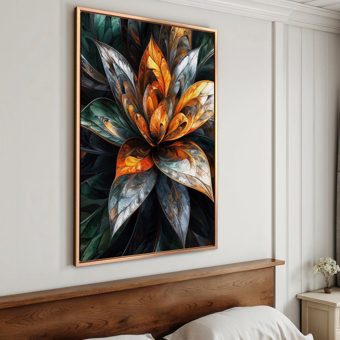Framed Wall Art: Abstract floral print in warm orange, green, and silver tones. Modern art for home decor. Enhance your space with this canvas print!