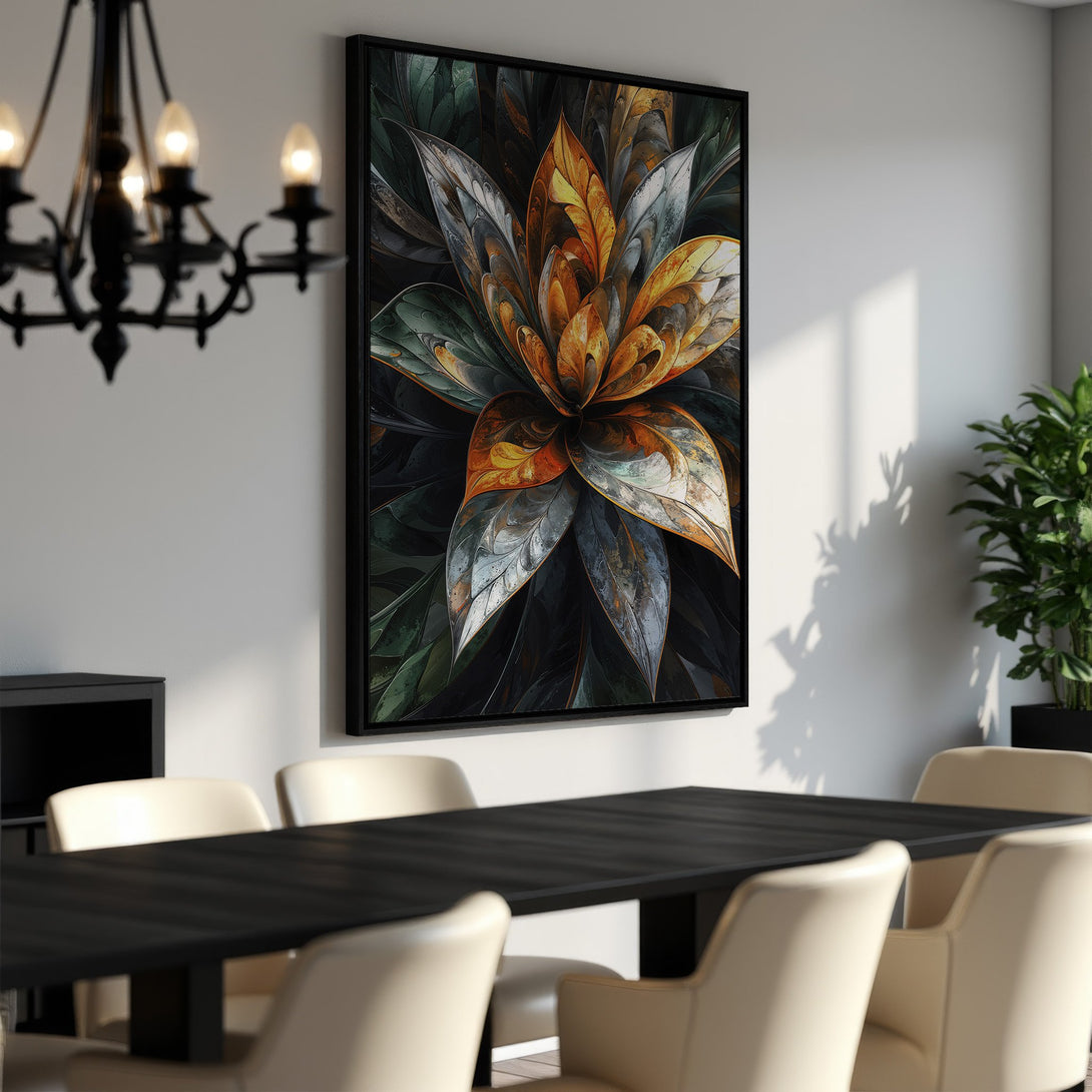 Framed Wall Art featuring a vibrant floral design in a modern style. The artwork showcases a stunning color palette of greens, oranges, and grays, perfect for any interior.
