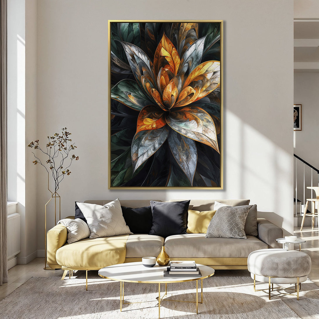 Canvas Print of abstract floral art in a modern style, featuring a warm orange and green color palette, perfect for kitchen decor.