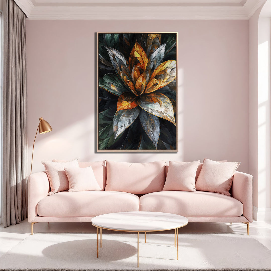 Framed Wall Art: Abstract floral design in warm orange, green, and grey tones. Modern canvas print adds a pop of color to any interior.