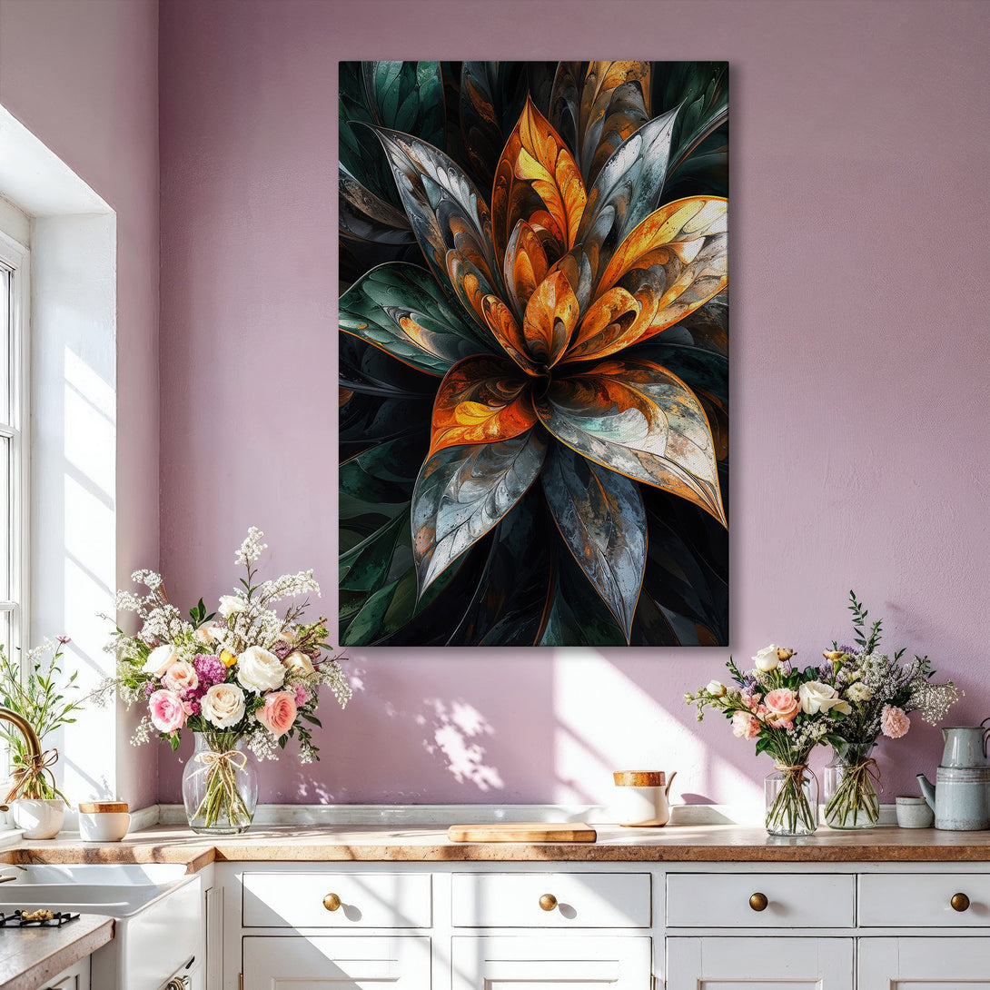 Framed Wall Art: Abstract floral design in warm orange, green, and grey tones. Modern canvas print perfect for living room decor.