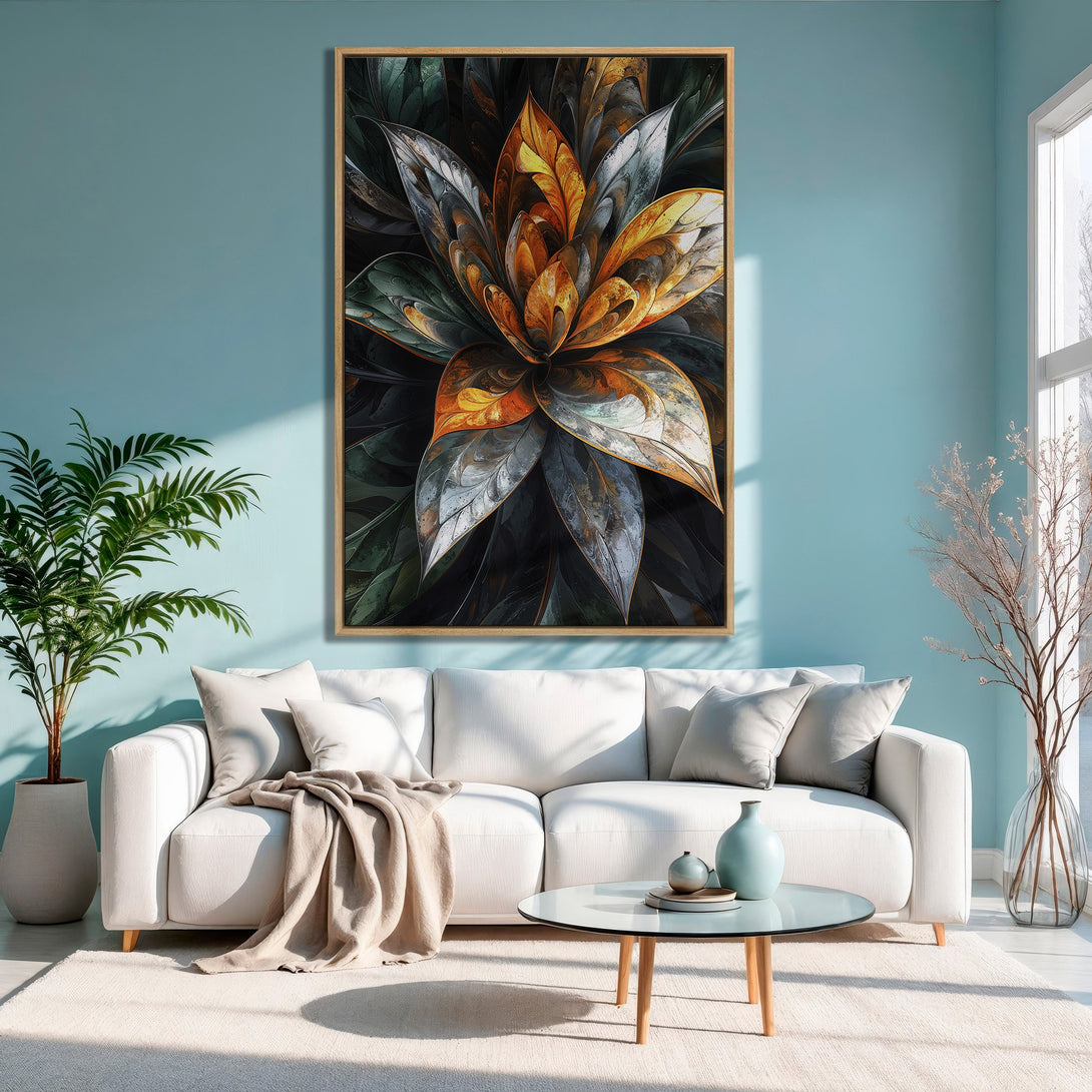 Framed Wall Art: Abstract floral design in warm orange & cool gray tones. Modern art canvas print adds a pop of color to any living room.