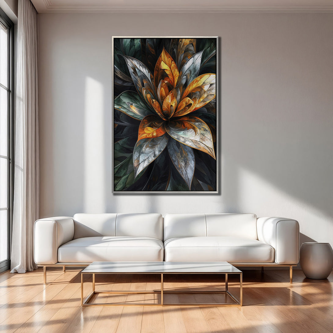 Framed Wall Art featuring a vibrant abstract floral design with a warm orange, green, and silver color palette. Modern art for home decor.