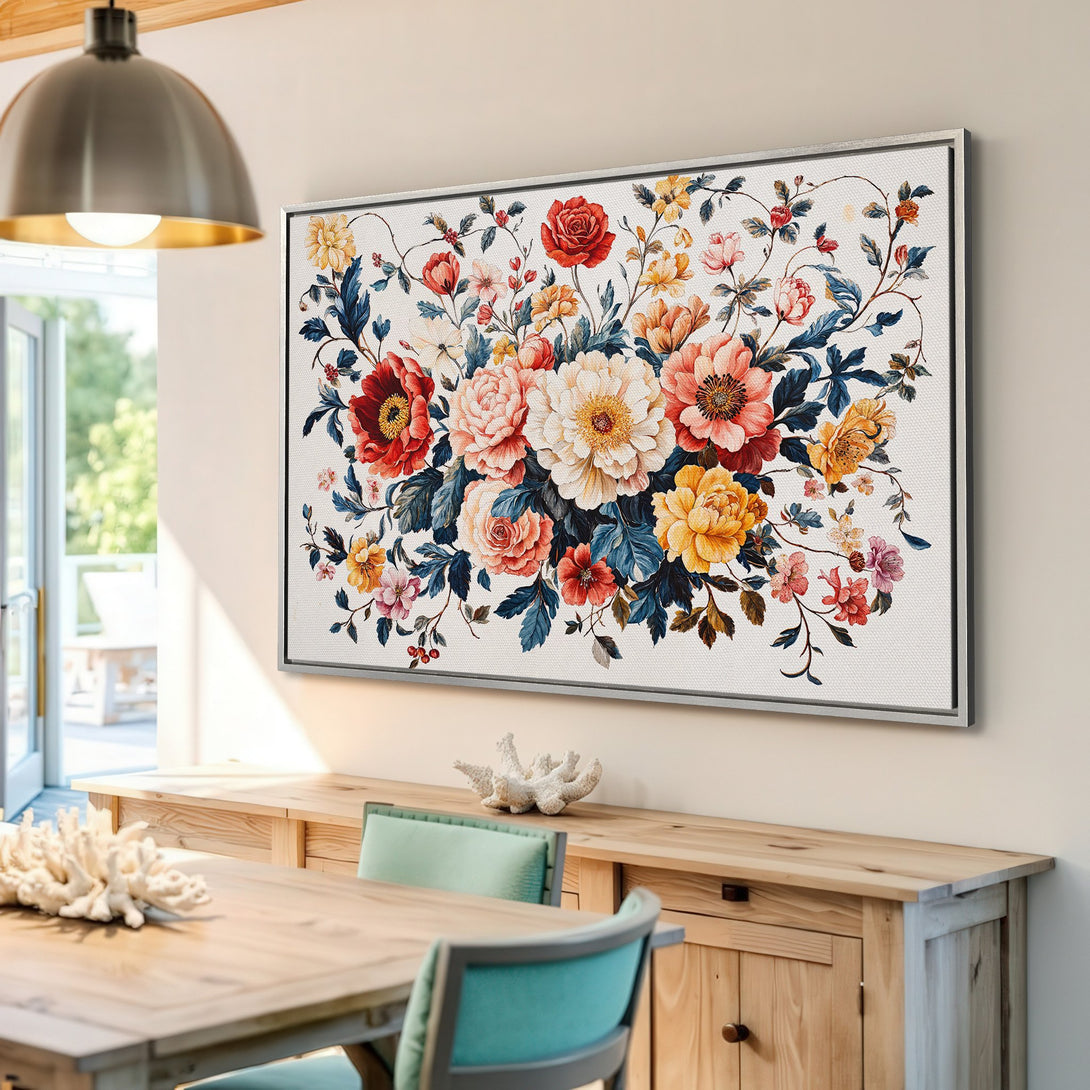 Framed Wall Art featuring a vibrant floral bouquet. Botanical style with a warm color palette of reds, oranges, and yellows. Perfect for home decor!
