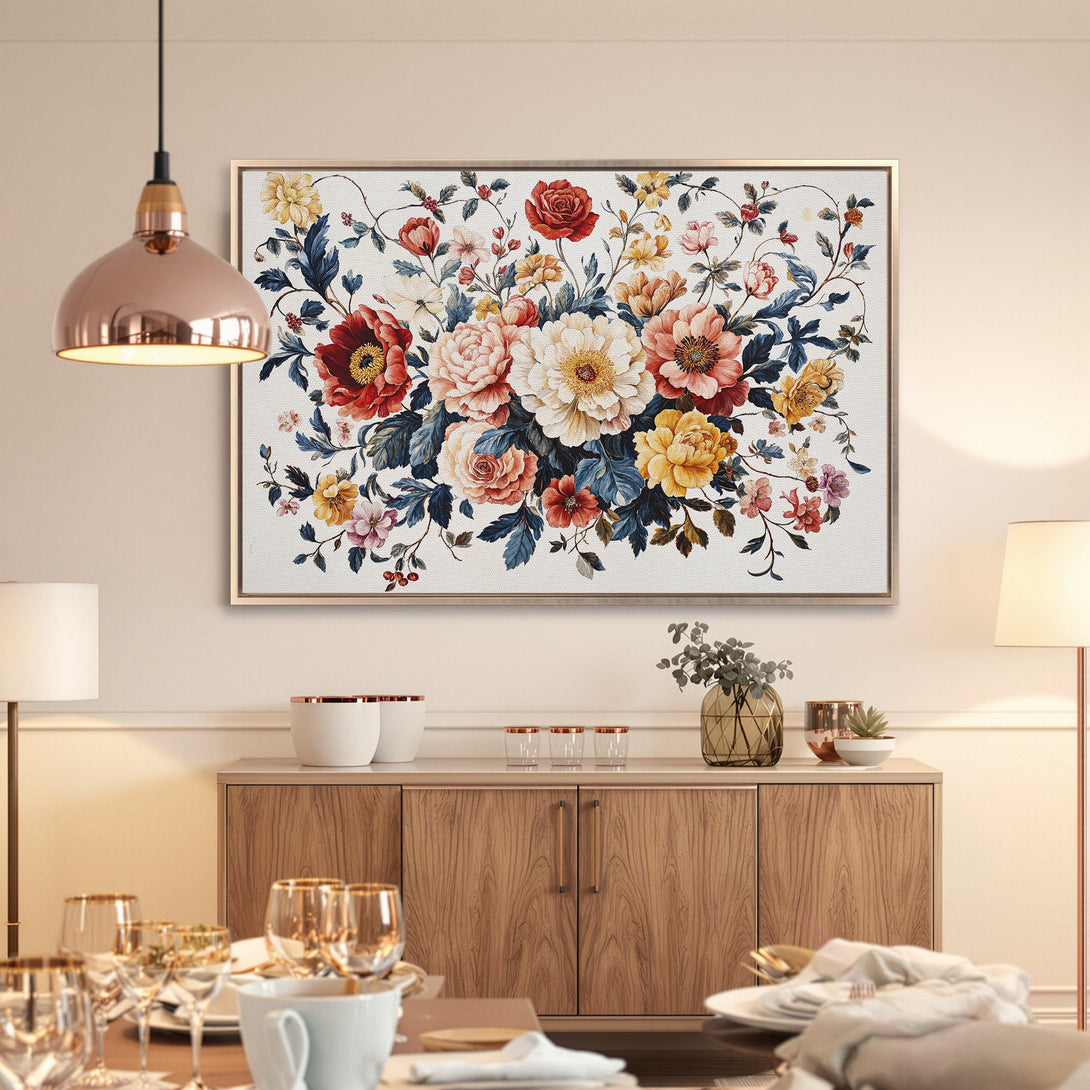 Framed Wall Art: Elegant floral canvas print in warm tones of red, yellow, and cream. Perfect for adding a touch of sophistication to any room.