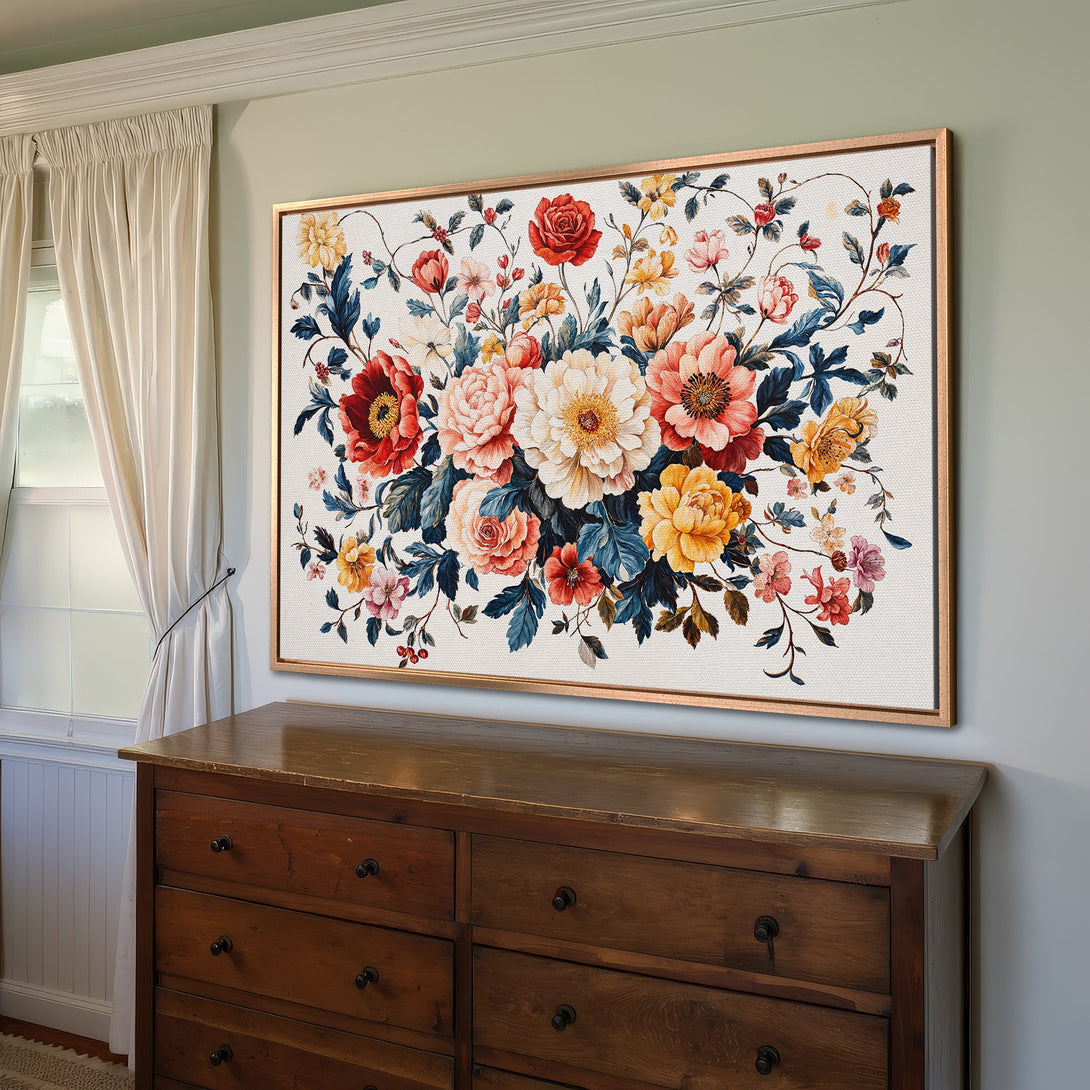 Framed Wall Art featuring a vibrant floral bouquet in a classic style. Warm, inviting color palette of reds, yellows, and pinks. Perfect home decor accent.