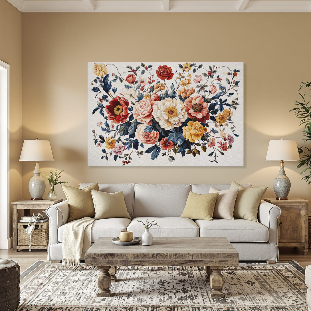 Framed Wall Art: Floral Canvas Print in a dining room. Features a vibrant, antique-style bouquet with red, yellow, and pink hues. Adds elegance to any space.