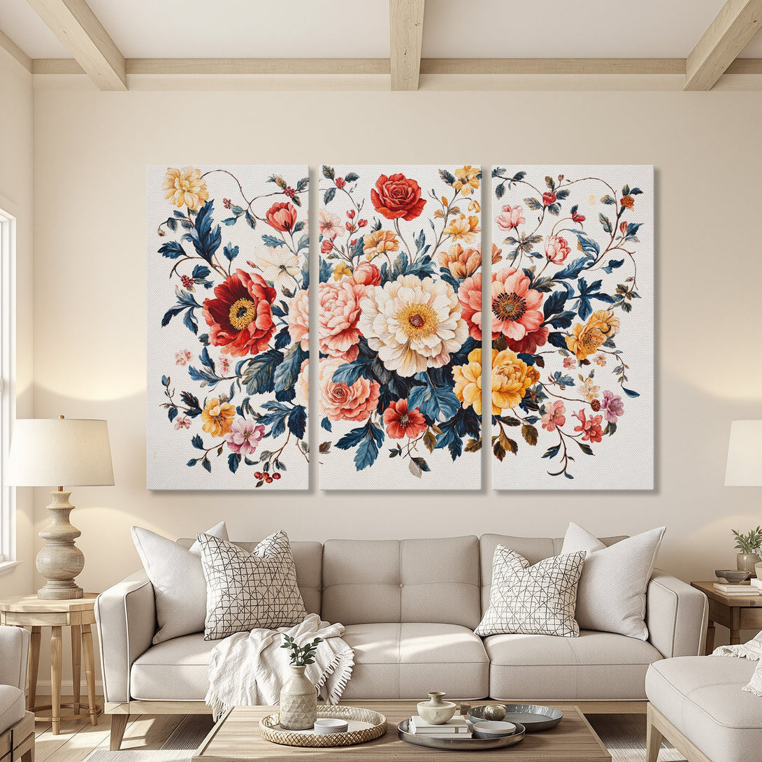 Floral Canvas Print set in a living room. Watercolor style with vibrant red, yellow, and blue hues. Perfect for adding a touch of elegance.