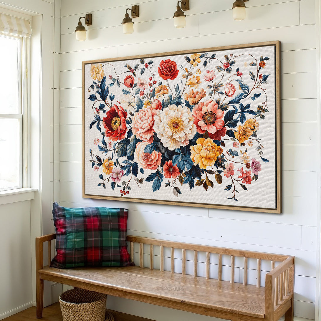Framed Wall Art: Floral print in warm tones of red, yellow, and pink. Adds a touch of elegance to any space.